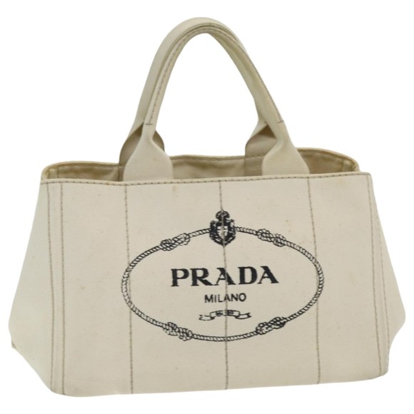 PRADA Canapa MM Hand Bag Canvas Cream Auth 83516 - Picture 1 of 16